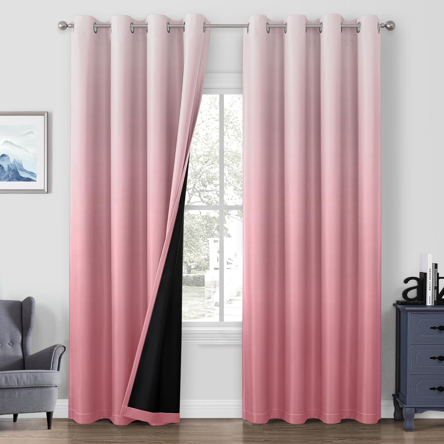 Homeideas 100% Pink Blackout Curtains For Bedroom, Ombre Room Darkening Curtains For Living Room 52 X 84 Inches Long Grommet Gra